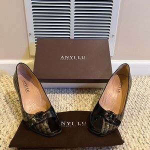 Anyi Lu Peony Heels - Grey Croc/Black Patent - European size 40